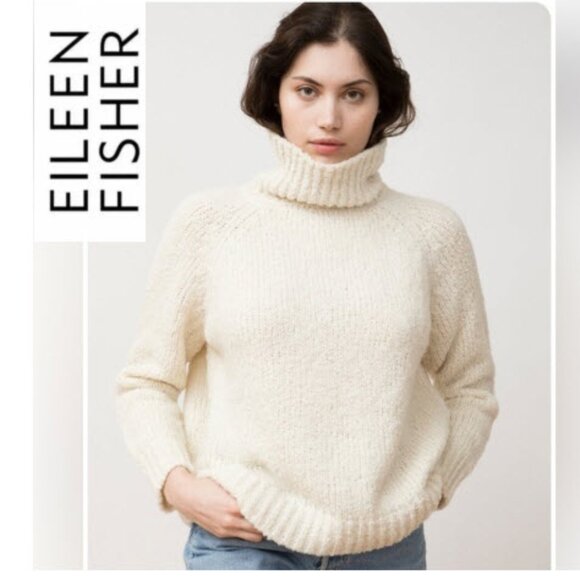 Eileen Fisher Cream Turtleneck Sweater Size M Organic Cotton Knit Pullover - Picture 1 of 15